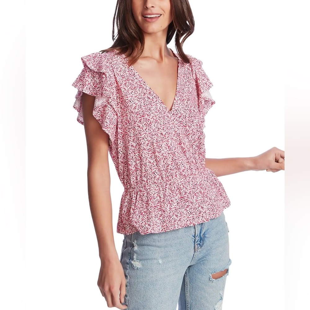 1. State Pink and White Flutter Sleeve Peplum Blouse Summer Spring Size Small